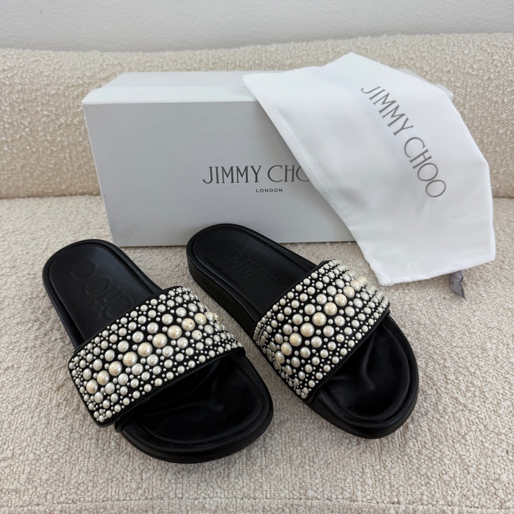 Jimmy Choo Fitz Pearl Embellished Slides | Black